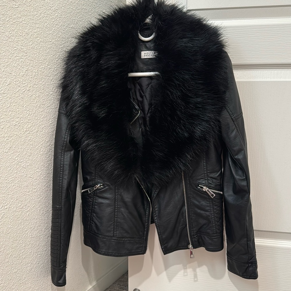 Molly Bracken faux leather moto jacket with faux fur